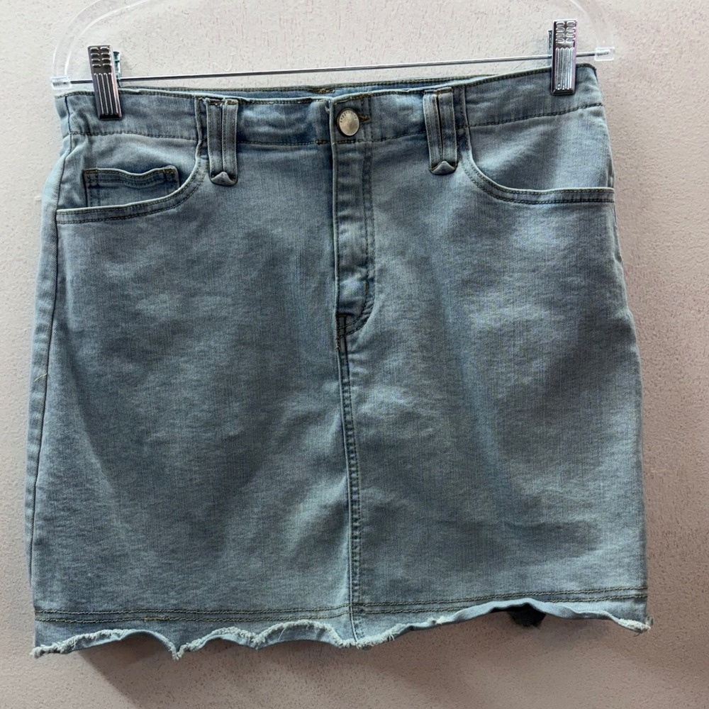 Copper Key Womens Denim Mini Skirt Light Wash Raw Hem Blue Size L CJ6358KEWS
